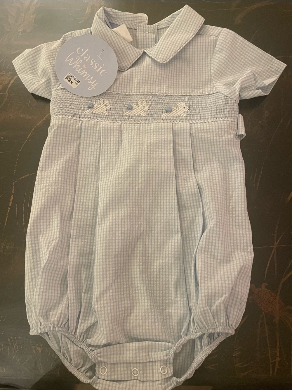 Classic Whimsy Light Blue Smocked Bunny One-Piece